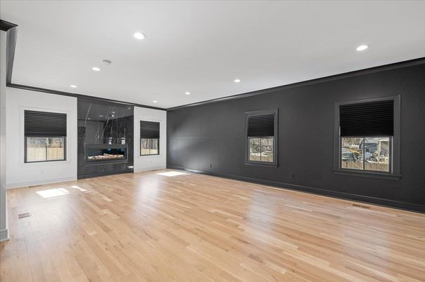 Empty room, Fireplace, Interior, Recessed Lighting, Wood Texture Flooring