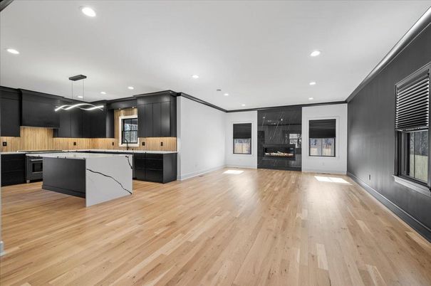 Fireplace, Interior, Kitchen, Pendant Lights, Recessed Lighting, Wood Texture Flooring