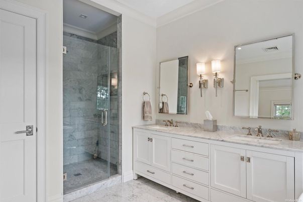 Bathroom, Dual Sink Vanities, Glass Shower, Interior, Marble, Marble Walls