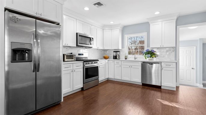 Interior, Kitchen, Recessed Lighting, Stainless Steel Appliances, Wood Texture Flooring