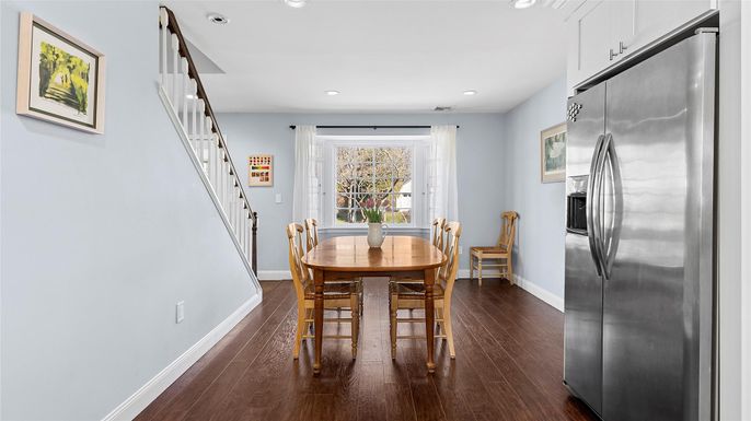Dining room, Interior, Kitchen, Recessed Lighting, Stainless Steel Appliances, Wood Texture Flooring