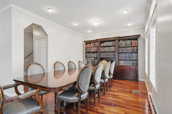 Dining room, Interior, Recessed Lighting, Wood Texture Flooring
