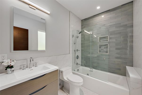 Bathroom, Glass Shower, Interior, Marble Walls, Recessed Lighting