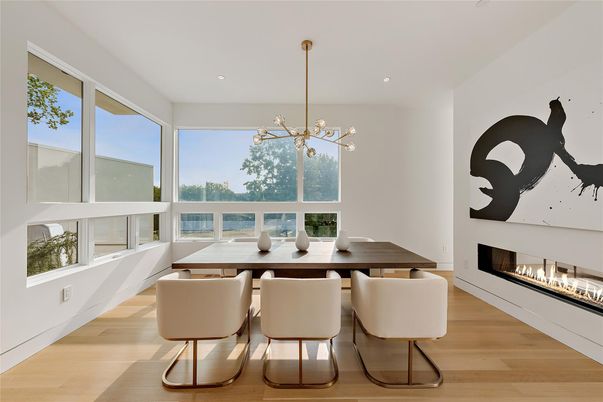 Dining room, Fireplace, Interior, Pendant Lights, Recessed Lighting, Wood Texture Flooring
