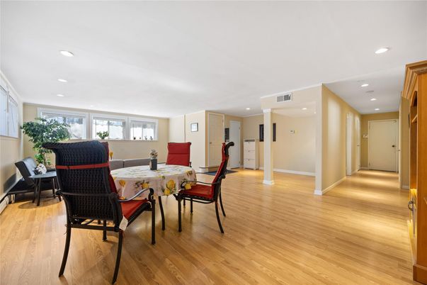 Dining room, Interior, Recessed Lighting, Wood Texture Flooring