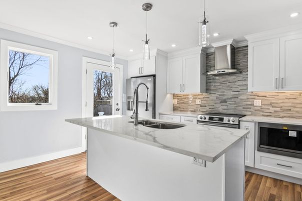 Interior, Kitchen, Pendant Lights, Recessed Lighting, Stainless Steel Appliances, Wood Texture Flooring