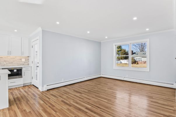 Empty room, Interior, Kitchen, Recessed Lighting, Wood Texture Flooring