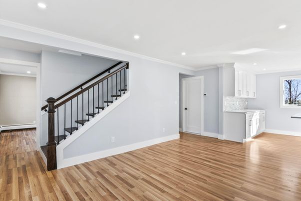 Empty room, Interior, Kitchen, Recessed Lighting, Wood Texture Flooring