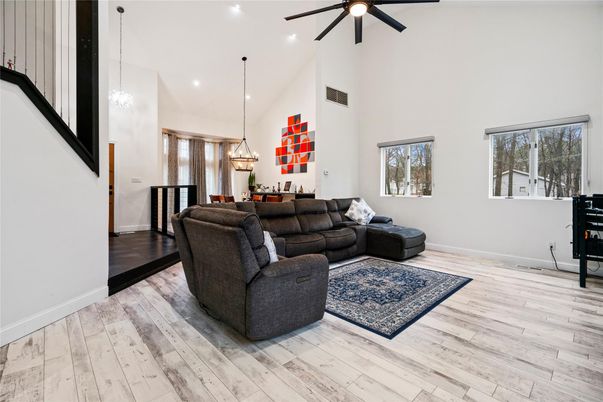 Dining room, Interior, Living room, Pendant Lights, Recessed Lighting, Wood Texture Flooring