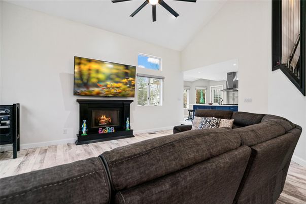 Fireplace, Interior, Living room, Recessed Lighting, Wood Texture Flooring