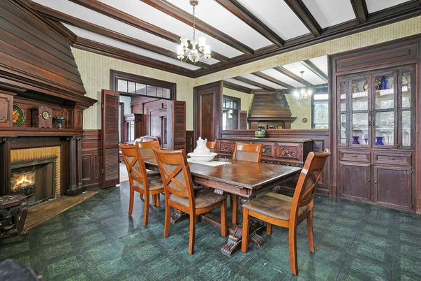 Chandelier, Dining room, Fireplace, Interior, Pendant Lights, Wooden Beams