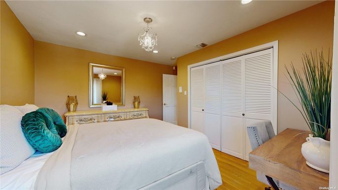 Bedroom, Chandelier, Interior, Recessed Lighting, Wood Texture Flooring