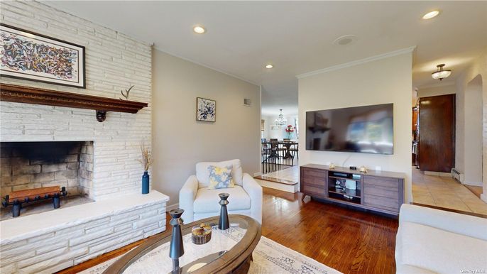 Fireplace, Interior, Recessed Lighting, Stone Walls, Wood Texture Flooring