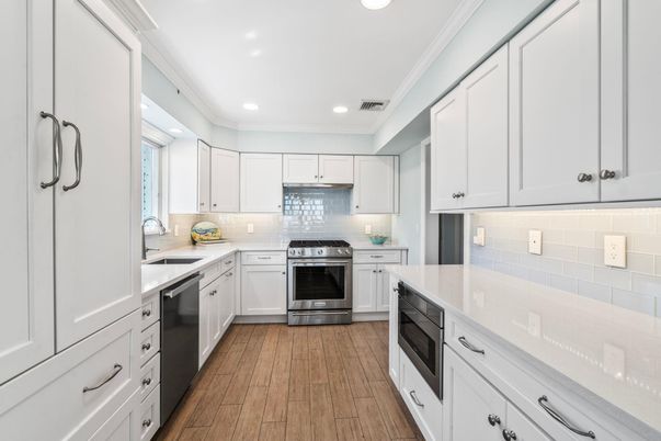 Interior, Kitchen, Recessed Lighting, Stainless Steel Appliances, Wood Texture Flooring