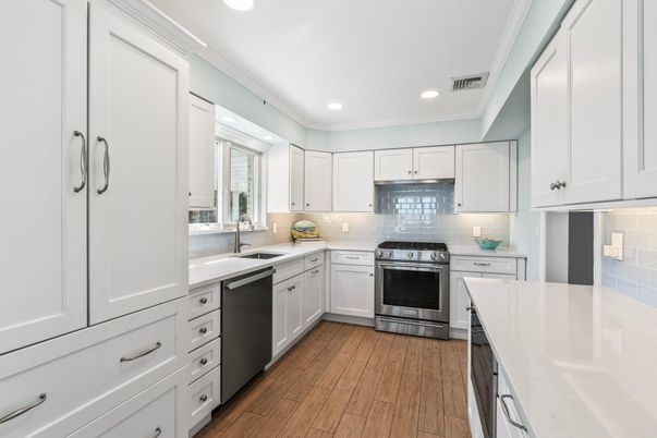 Interior, Kitchen, Recessed Lighting, Stainless Steel Appliances, Wood Texture Flooring