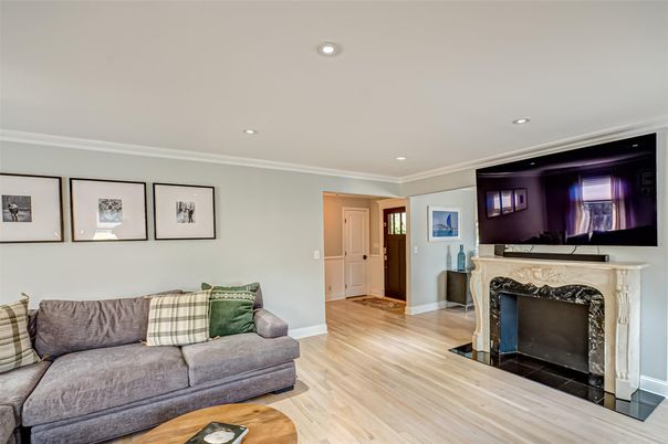 Fireplace, Interior, Recessed Lighting, Wood Texture Flooring