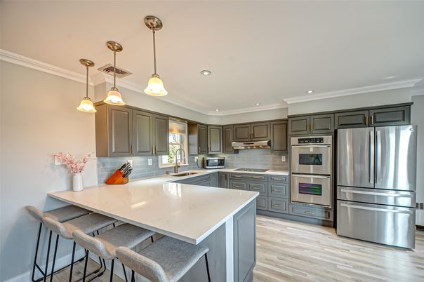 Interior, Kitchen, Pendant Lights, Recessed Lighting, Stainless Steel Appliances, Wood Texture Flooring