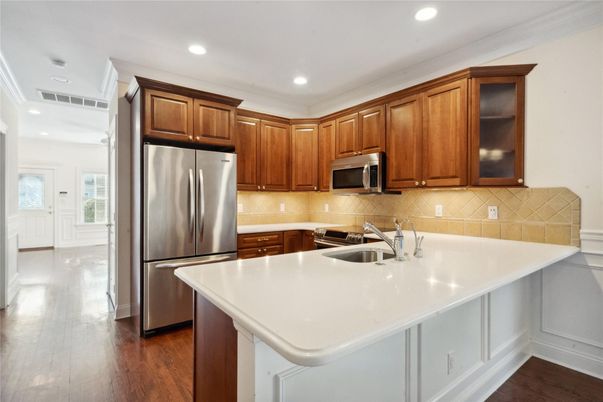 Interior, Kitchen, Recessed Lighting, Stainless Steel Appliances, Wood Texture Flooring