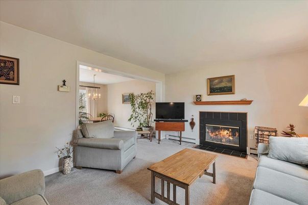 Dining room, Fireplace, Interior, Living room, Pendant Lights