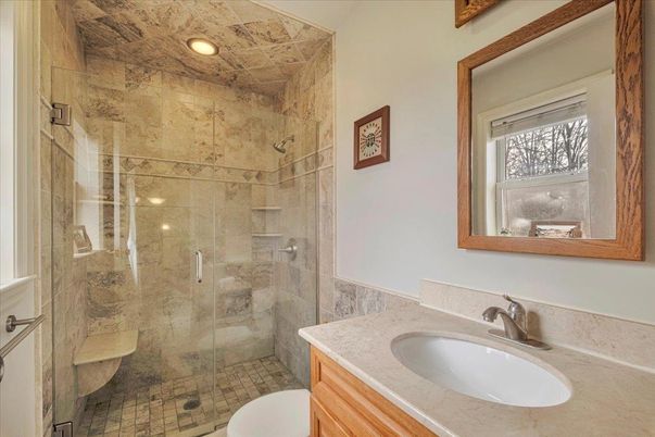 Bathroom, Glass Shower, Interior, Recessed Lighting, Tile Countertops