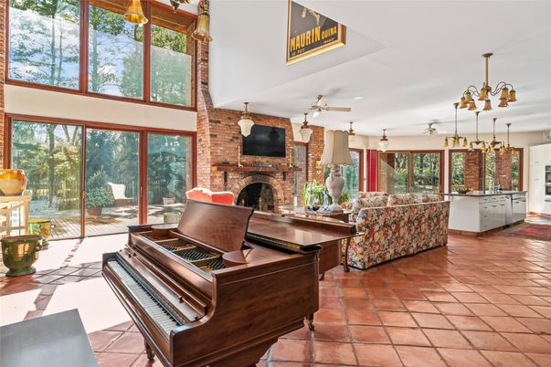 Fireplace, Interior, Living room, Pendant Lights, Piano, Stone Walls