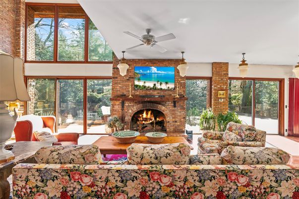 Fireplace, Interior, Living room, Pendant Lights, Stone Walls, Sun Room