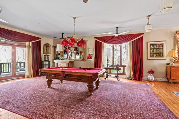 Billiard Table, Game Room, Interior, Pendant Lights, Wood Texture Flooring