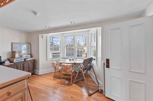 Dining room, Interior, Recessed Lighting, Wood Texture Flooring