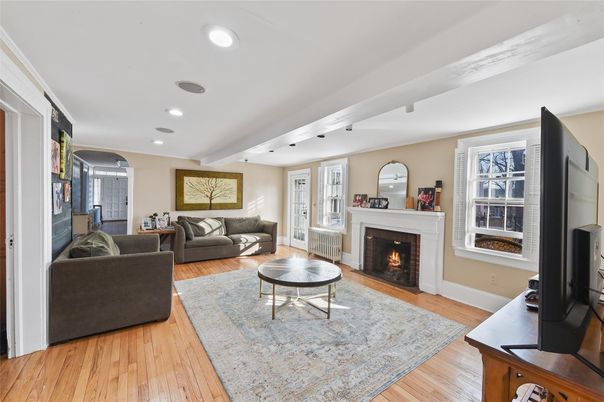 Fireplace, Interior, Living room, Recessed Lighting, Wood Texture Flooring