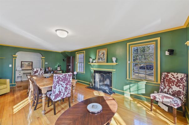 Dining room, Fireplace, Interior, Wood Texture Flooring