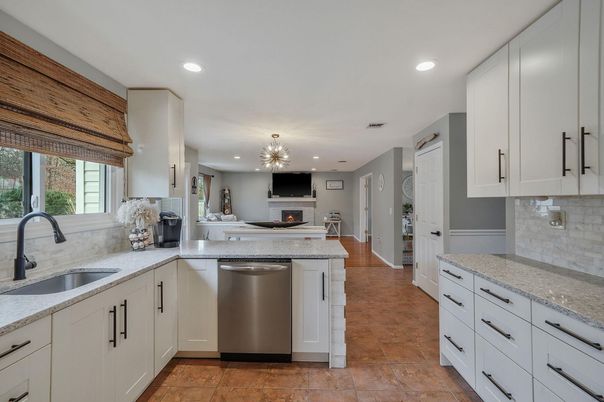 Fireplace, Interior, Kitchen, Recessed Lighting, Stainless Steel Appliances