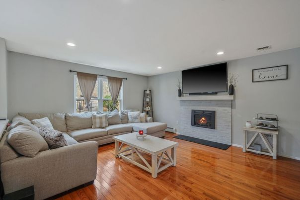 Fireplace, Interior, Living room, Recessed Lighting, Wood Texture Flooring