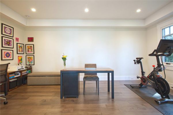 Fitness Equipment, Home Office, Interior, Recessed Lighting, Wood Texture Flooring