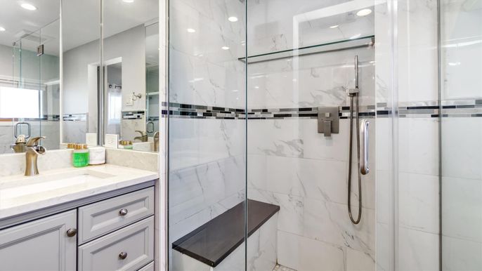 Bathroom, Glass Shower, Interior, Marble Walls, Recessed Lighting