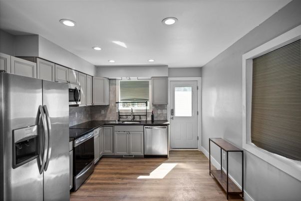 Interior, Kitchen, Recessed Lighting, Stainless Steel Appliances, Wood Texture Flooring
