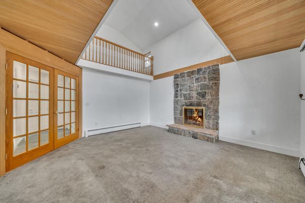 Empty room, Fireplace, Interior, Recessed Lighting, Wooden Ceilings
