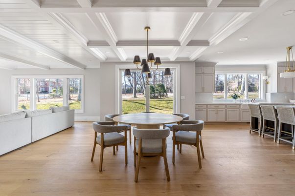 Dining room, Interior, Kitchen, Pendant Lights, Recessed Lighting, Wood Texture Flooring