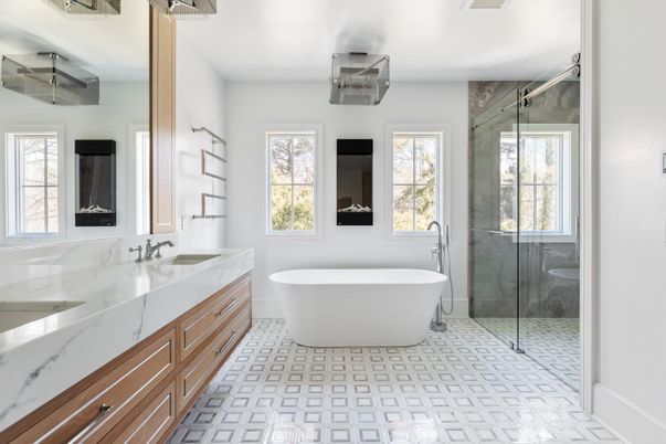 Bathroom, Dual Sink Vanities, Free Standing Baths, Glass Shower, Interior