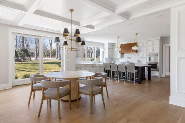 Dining room, Interior, Kitchen, Pendant Lights, Recessed Lighting, Stainless Steel Appliances, Wood Texture Flooring