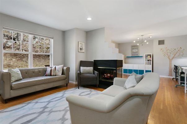 Fireplace, Interior, Living room, Pendant Lights, Recessed Lighting, Wood Texture Flooring