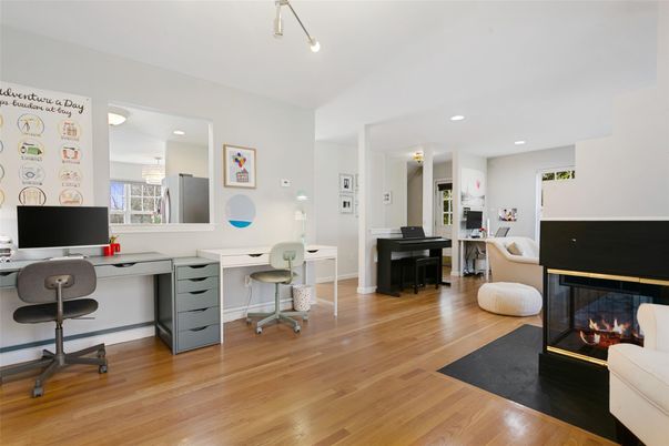 Fireplace, Home Office, Interior, Piano, Recessed Lighting, Wood Texture Flooring