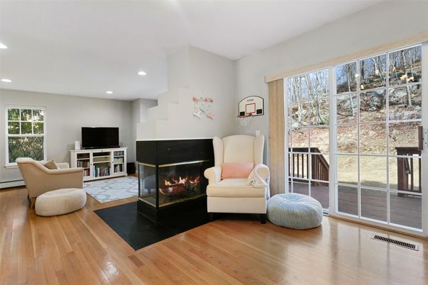 Fireplace, Interior, Living room, Recessed Lighting, Wood Texture Flooring