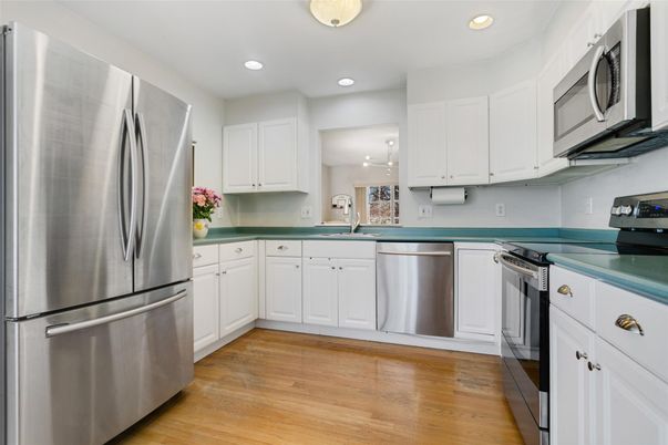 Interior, Kitchen, Recessed Lighting, Stainless Steel Appliances, Wood Texture Flooring