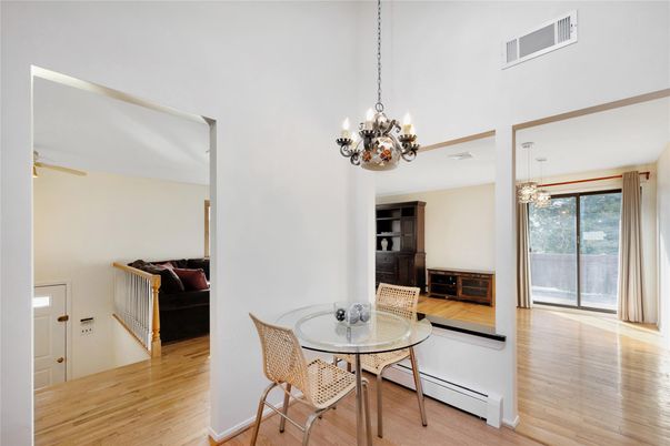Chandelier, Dining room, Interior, Pendant Lights, Wood Texture Flooring