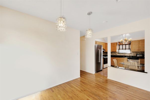 Chandelier, Interior, Kitchen, Pendant Lights, Stainless Steel Appliances, Wood Texture Flooring