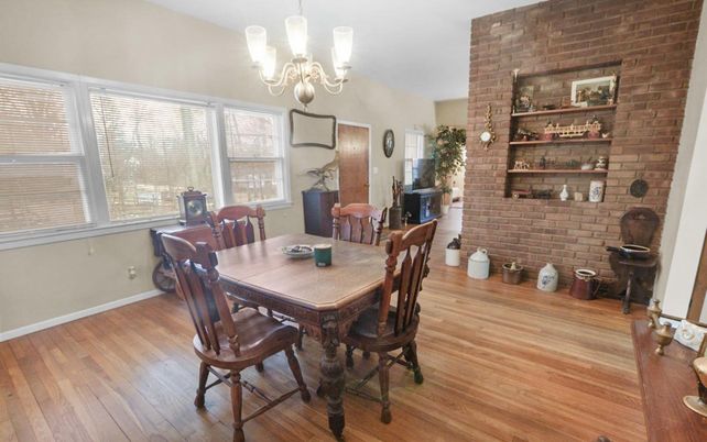 Chandelier, Dining room, Interior, Stone Walls, Wood Texture Flooring
