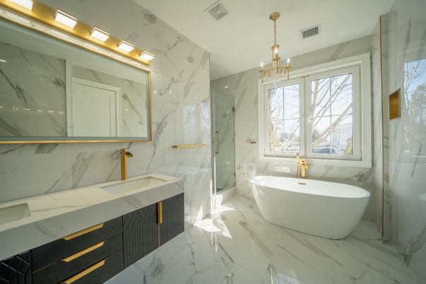 Bathroom, Dual Sink Vanities, Free Standing Baths, Glass Shower, Interior, Marble, Marble Walls
