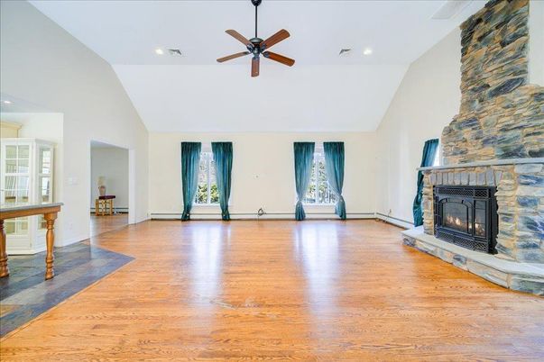 Empty room, Fireplace, Interior, Recessed Lighting, Wood Texture Flooring