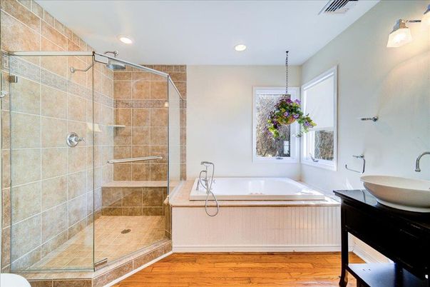 Bathroom, Glass Shower, Interior, Recessed Lighting, Wood Texture Flooring