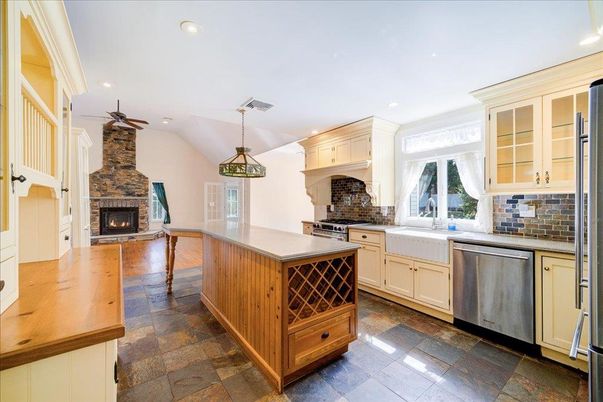 Fireplace, Interior, Kitchen, Pendant Lights, Recessed Lighting, Stainless Steel Appliances